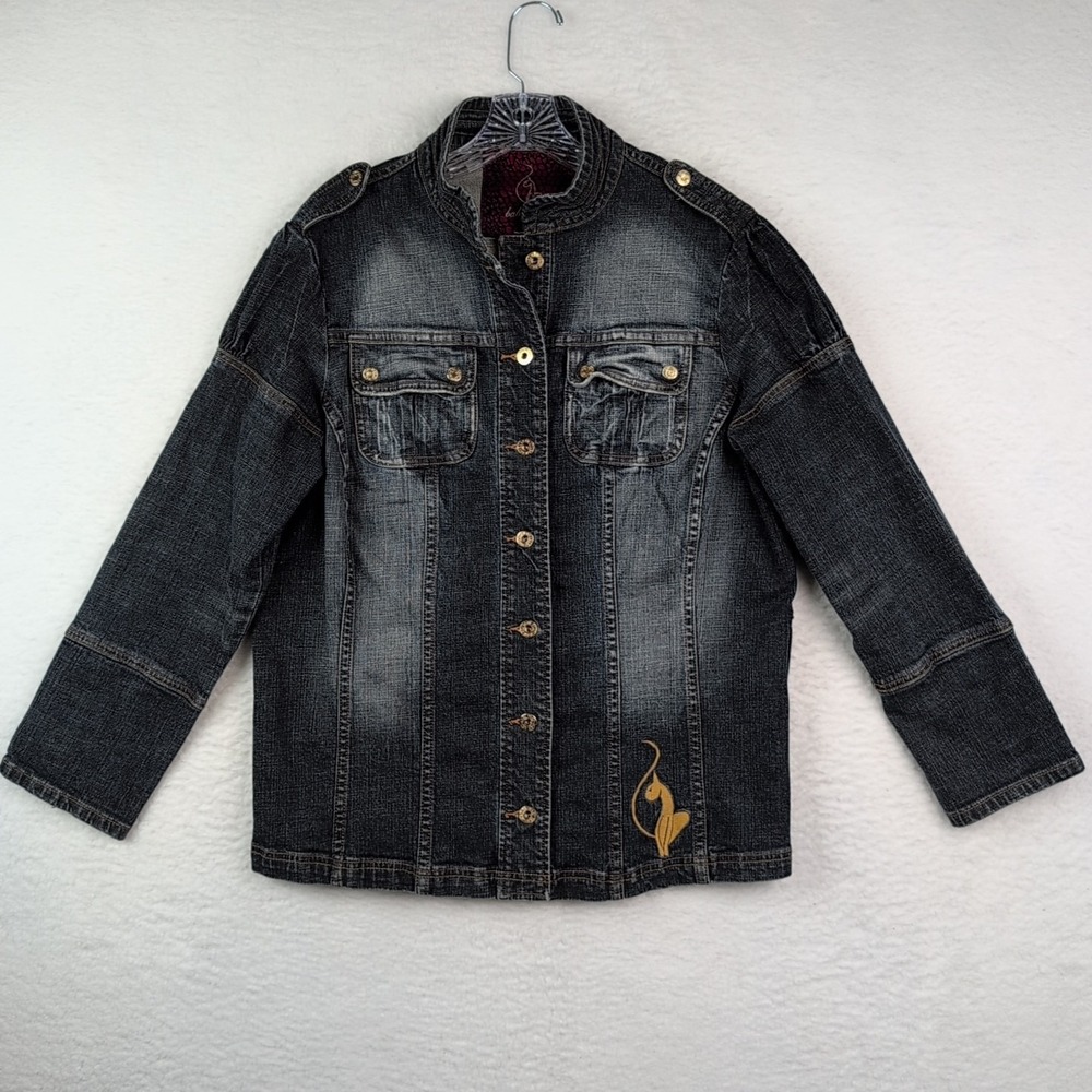 VTG Baby Phat Womens Denim Jacket 1X‎ Dark Wash Faded Fitted Long Sleeve Button